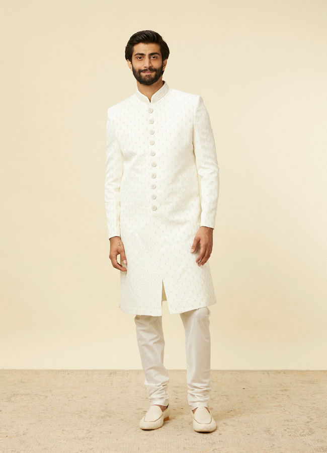 Warm White Imperial Jaal Self Patterned Sherwani Set image number 2